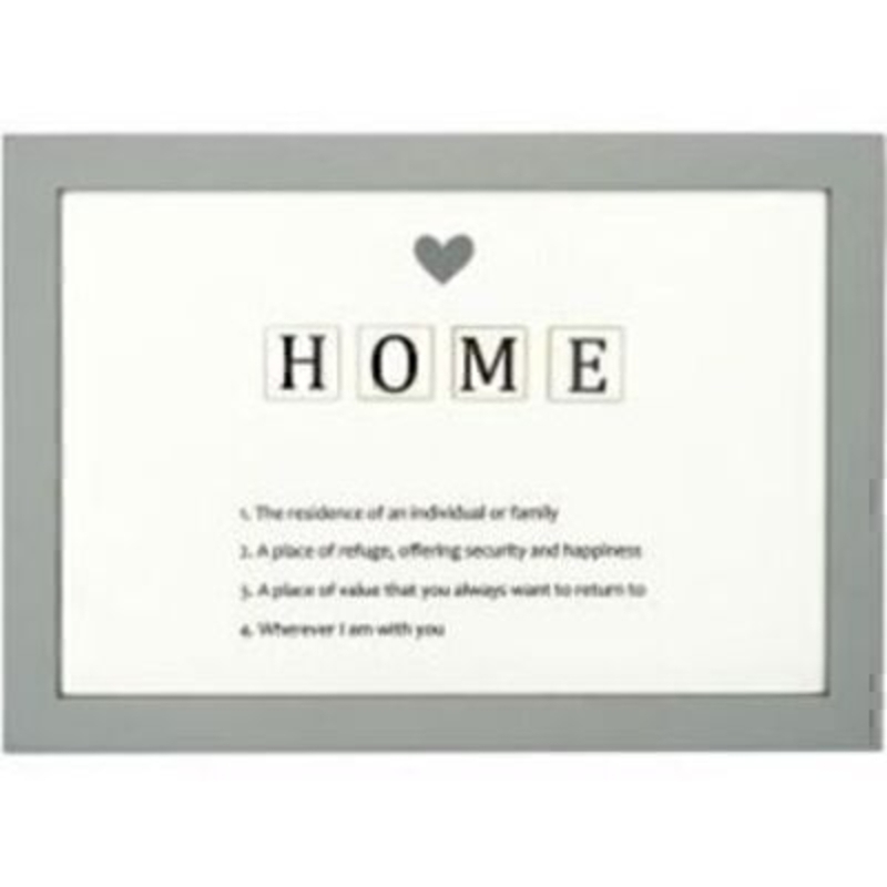 HOME Letter Tiles Definition Picture by Transomnia. Picture showing the definition of the word HOME with the word spelt out in a tile effect with a heart at the top. Delightful definitions listed under the word. Features a grey picture frame surrounding the sign. Size: 14 x 20 x 1.4cm
